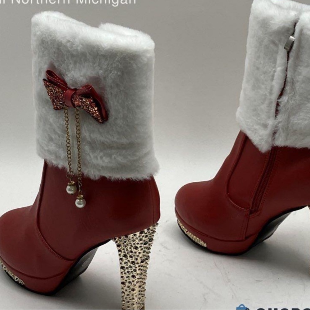 Chic Red and White  3” Heel Christmas Boots with Fur Trim gold accents